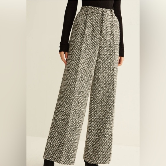 NWT• Commense Wool Blend Wide Leg Trousers S High Rise Pleated Tweed Black White - Picture 9 of 16